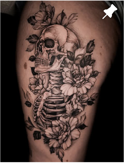 Skeleton and peonies tattoo